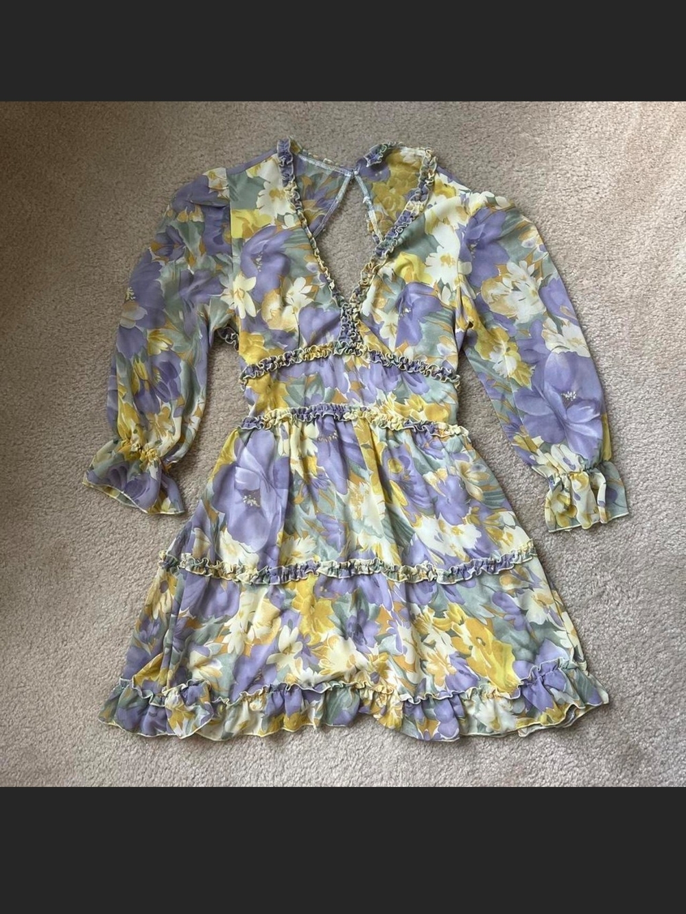 Lavender and Yellow Floral Tiered V Neck Dress Size Medium